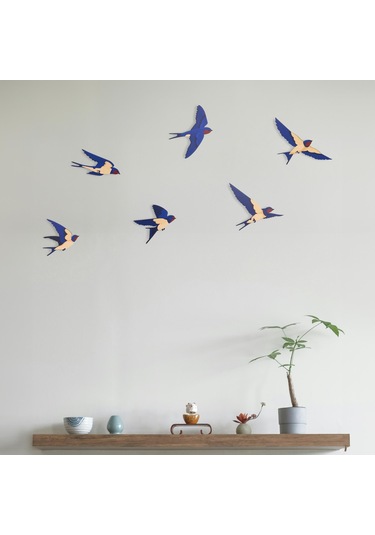 Cajuart Dekoratif 6 Parça Mavi Kırlangıç Ahşap Duvar Tablo Duvar Dekoru