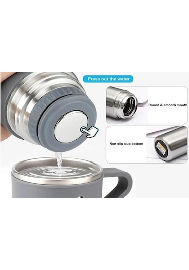 Paslanmaz Çelik 3 Bardaklı Vakumlu Vacuum Termos Set 500 Ml, 12 Saate Kadar Isı Koruma Termos Gümüş