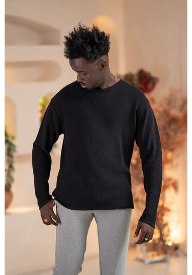 Regular Fit Likralı Kendinden Çizgili Mevsimlik Spor Kazak Siyah