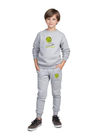 Yuvarlak Yaka Emoji Baskılı Erkek Çocuk Eşofman Takımı Gri