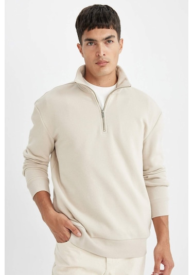 DeFacto Comfort Regular Fit Rahat Kalıp Fermuarlı Dik Yaka Basic Düz Sweatshirt X7405AZ24AUBG735
