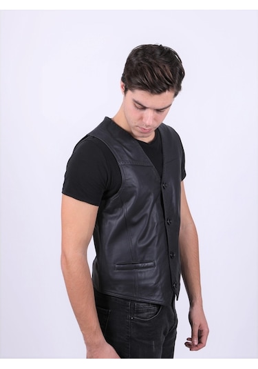 New Zaya Leather Erkek Siyah Deri Yelek (468580269)