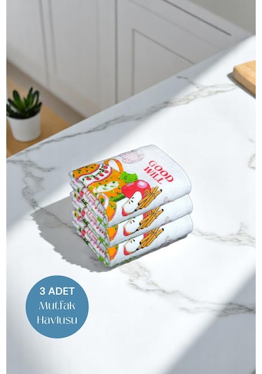 3lü Paket Baskılı Beyaz Mutfak Havlusu Modeli Good Day