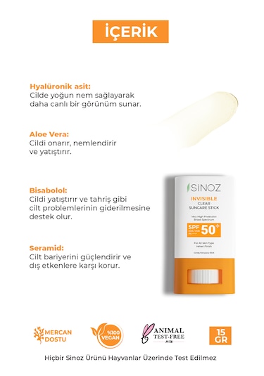 Sinoz Nemlendirici ve Yatıştırıcı Yüksek Korumalı Şeffaf Stick Güneş Kremi SPF50+ 15 G