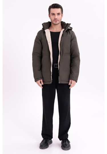 Erkek İçi Kürklü Çıkma Kapüşon Su Ve Rüzgar Geçirmez Kapüşonlu Kışlık Mont & Kaban & Parka Haki