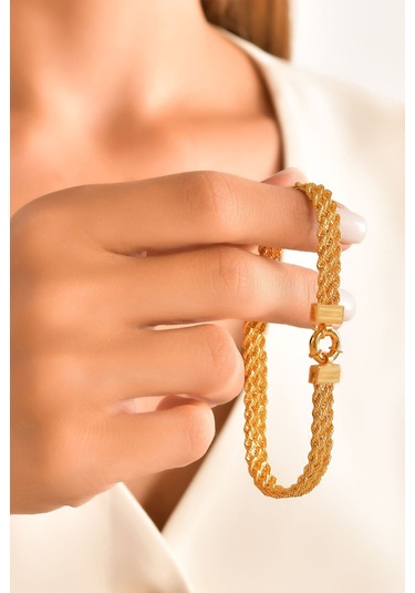 14 Ayar Altın Bileklik Üç Sıra Halat Zincir Künye 19 Cm Uzunluk Sarı Altın