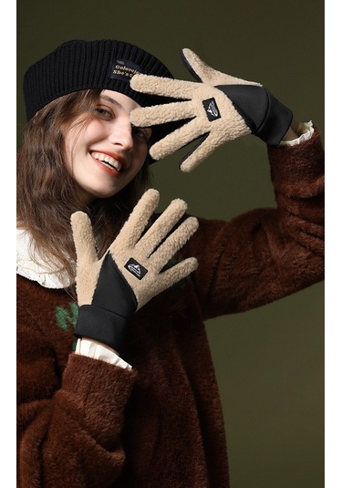 Snapbuy Unisex Kışlık, Parmak Açılır Dokunmatik, Kalın Peluş Eldiven Camel