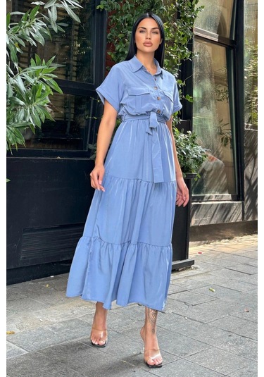 Mavi Pliseli Kuşaklı Maxi Uzun Ceket Elbise Mavi