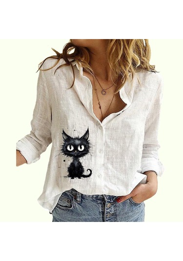 Kadın Moda Düğmeli Uzun Kollu Gömlek Bayan Günlük İnce Pamuk Keten Üst Kedi Baskılı Uzun Kollu Bluz Beyaz Kadın Moda Düğmeli Uzun Kollu Gömlek Bayan Günlük İnce Pamuk Keten Üst Kedi Baskılı Uzun Kollu Bluz Beyaz