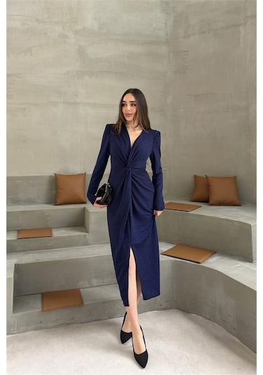 Neşeli Butik Kadın Mavi Anvelop Büzgülü Simli Premium Midi Elbise Nbelb08 Mavi