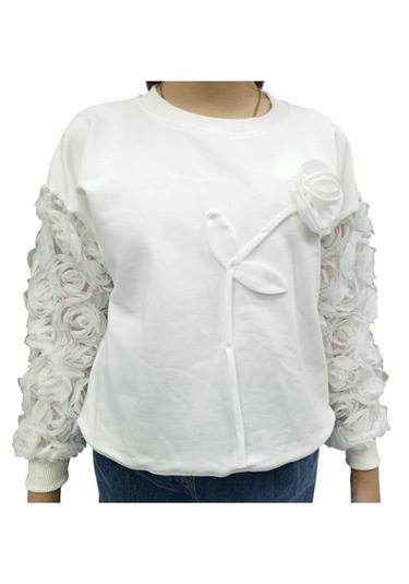 Kız Çocuk Tül Kollu Gül Detaylı Sweatshirt Ve Bol Paça Kot Pantolon Takımı Beyaz