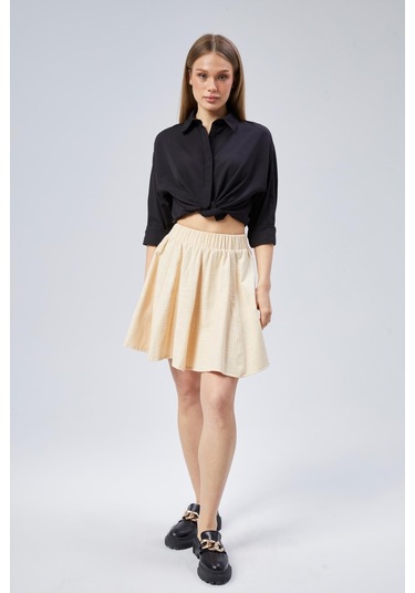 Nurören Flamlı Keten Parçalı Kısa Kloş Kadın Etek-ekru-02 Ekru
