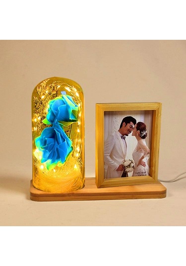 Kişiye Özel Led'li Ahşap Güllü Cam Fanus Çerçeve