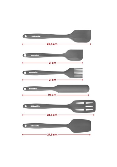 Silikon Mutfak Seti 6 Lı, Isıya Dayanıklı Yanmaz Yapışmaz Silikon Spatula Seti 6 Parça Gri Gri