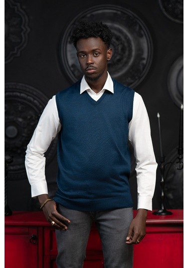 V Yaka Regular Fit Yünlü Kolsuz Triko Süveter İndigo