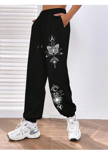 Butterfly Print Elastic Waist 4 Mevsim Eşofman Siyah
