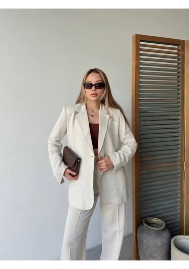 Keten Ceket Pantolon İlik Düğmeli Uzun Kollu Yırtmaçlı İkili Takım - Beyaz Beyaz