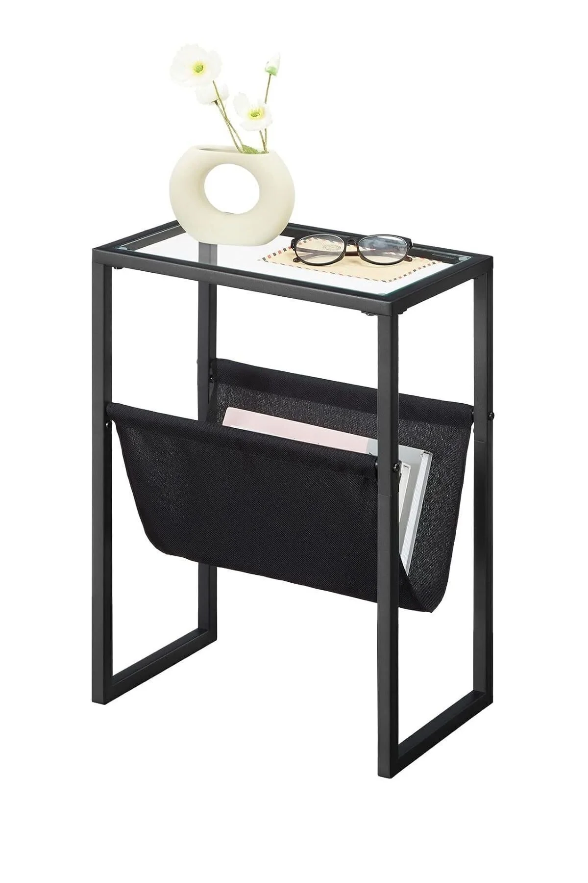 Temperli Cam Gazetelik Dergilik Yan Sehpa Koltuk Sehpası Siyah-şeffaf