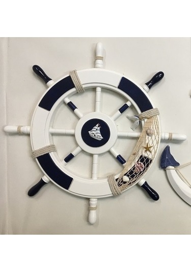 Ahşap Büyük Boy Dekoratif Gemili Deniz Marin Dümen