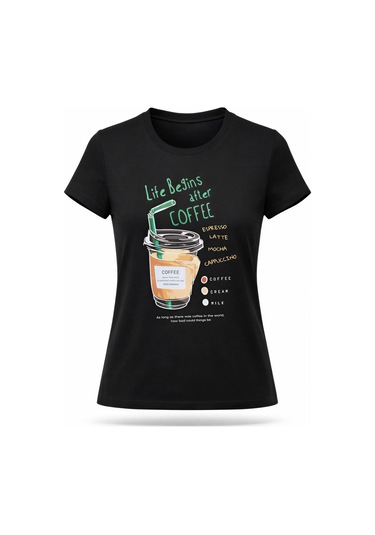 Kadın Siyah Coffee Baskılı %100 Pamuk Tişört Siyah
