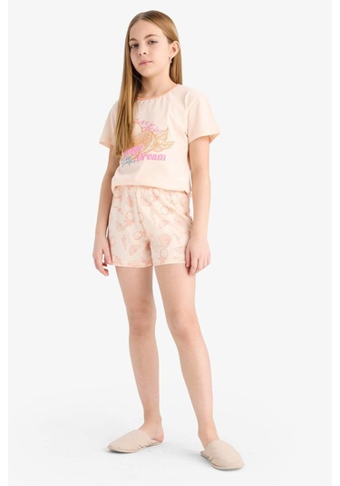 DeFacto Kız Çocuk Pijama Takımı Baskılı Kısa Kollu Üst Desenli Şort E6234A825SMOG96 Turuncu