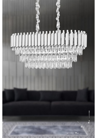 Palmira 75x35 Cm'lik 3 Katlı Prizma Kesim Kristal Taşlı Lüks Avize 6'lı - Gümüş-yaldız Gümüş-Yaldız