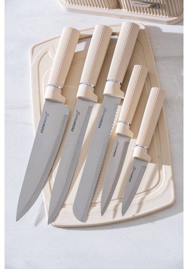 Cooper 12 Parça Standlı Kesme Tahtası Servis Ve Bıçak Seti Krem