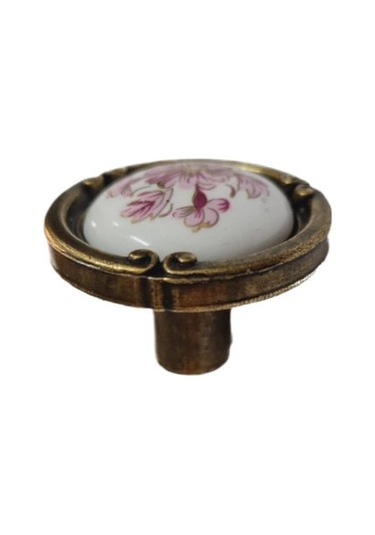 Porselen Düğme Kulp Metal Antiksarı Beyaz Motifli 02 / 5 Adet Sarı