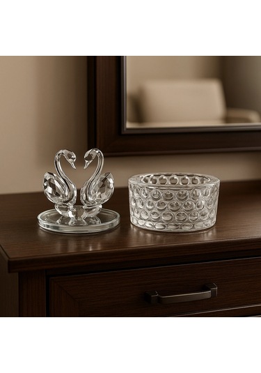 Kristal İki Kuğulu Takı Toka Kutusu 12x8