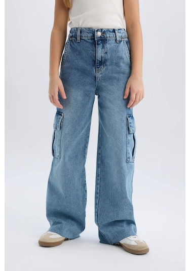 DeFacto Kız Çocuk Wide Leg Kargo Geniş Bol Paça Pamuklu Jean Pantolon D7089A825SPNM39 Mavi DeFacto Kız Çocuk Wide Leg Kargo Geniş Bol Paça Pamuklu Jean Pantolon D7089A825SPNM39 Mavi