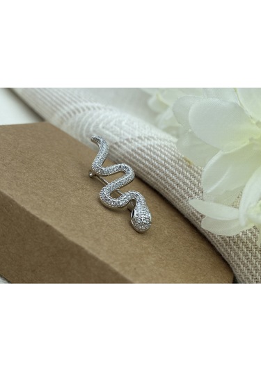 Kyver Yılan Model Full Zirkon Taşlı Broş Silver