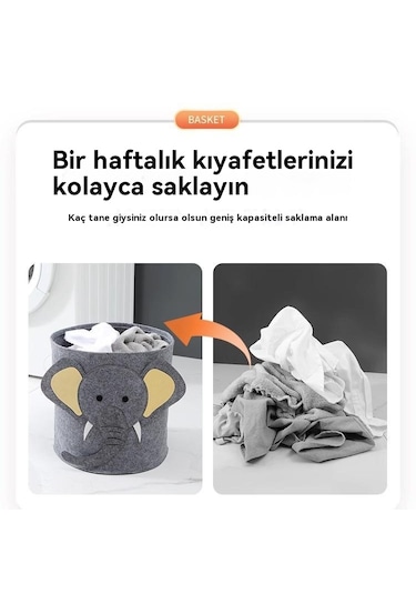 Büyük Kapasiteli Karikatür Keçe Saklama Sepeti - Koyu Gri