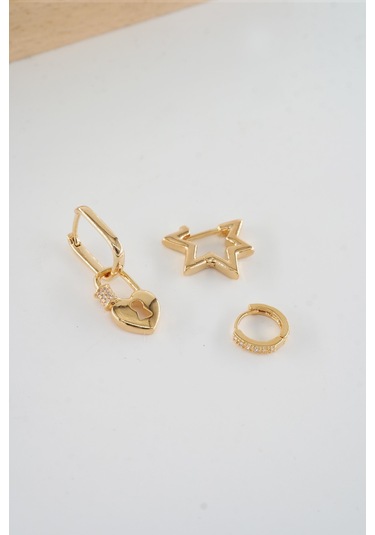 By Zeyna Aksesuar Kadın Vip Seri Antialerjik Baget Zirkon Taşlı 3'lü Küpe-5183 Altın