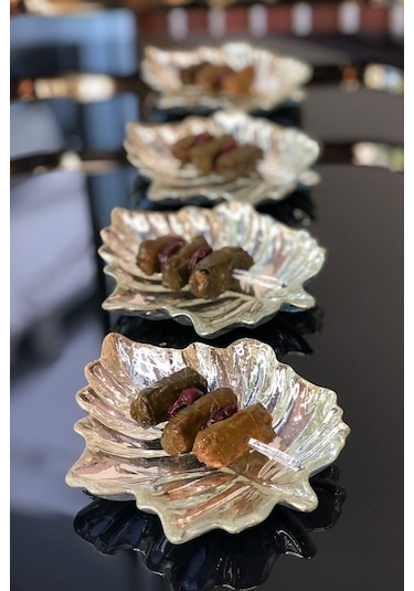 1 Adet Gümüş Kaplama Yaprak Cam Sosluk Sunumluk Çerezlik Tekli 14.5 Cm