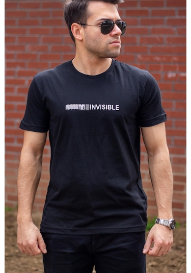 Erkek Siyah Invisible Yazı Baskılı Basic Kısa Kollu Bisiklet Yaka Tişört 20etshyunz 001