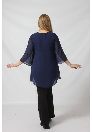 4048 Şifon -simli Dantel Kombinli Büyük Beden Bluz Lacivert Lacivert