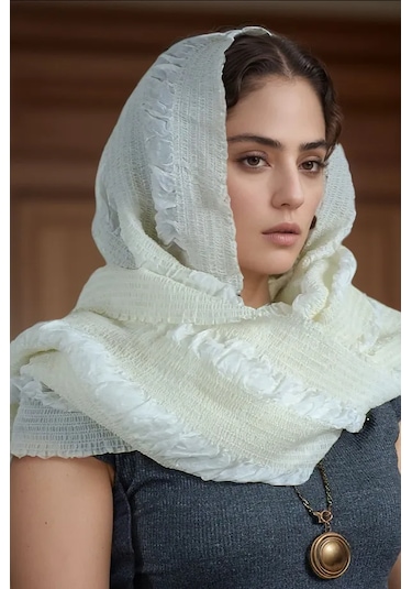 Rosehan Collection El Dokuması Krem İpek Şal - Gofreli - Ödemiş İpeği