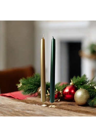 Denic 2 li Metalik Yeşil ve Gold Şamdan Mum Konik Mum