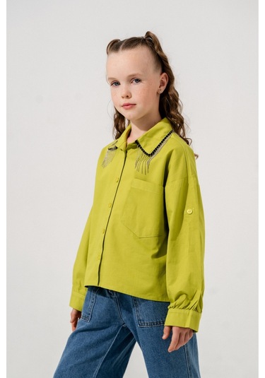 Kız Çocuk Yakası Taşlı Gömlek 3126 Fıstık Fıstık Yeşili