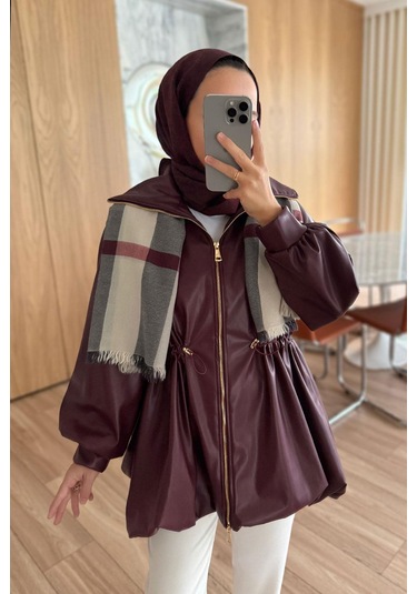 Beli Büzgülü Deri Ceket - Bordo Bordo