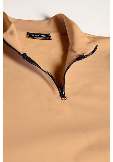 Erkek Bej Yarım Fermuarlı Basic Düz Sweatshirt Bej