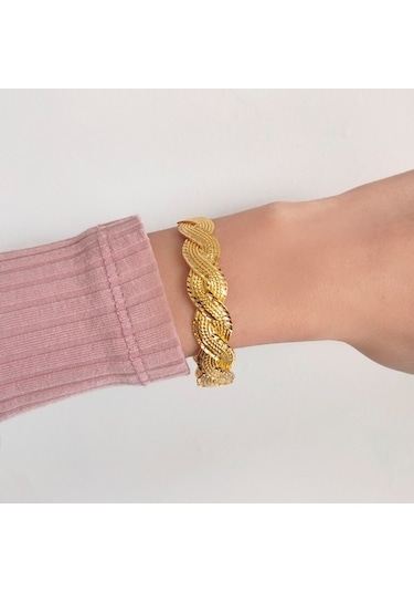 Ferizz Blz-3020 Altın Kaplama Lazerli Örgü Kadın Bilezik Altın