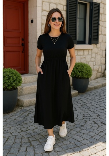 Kadın Kısa Kollu Bisiklet Yaka Belden Bağlamalı Önü Bağcık Detaylı Maksi Boy Viskon Elbise Siyah Kadın Kısa Kollu Bisiklet Yaka Belden Bağlamalı Önü Bağcık Detaylı Maksi Boy Viskon Elbise Siyah