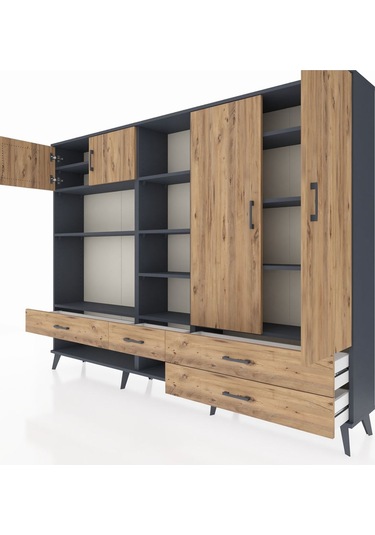 Arges Dolap 12 Raflı 4 Çekmeceli 4 Kapaklı 220x30x163 Antrasit-ça Antrasit-çam