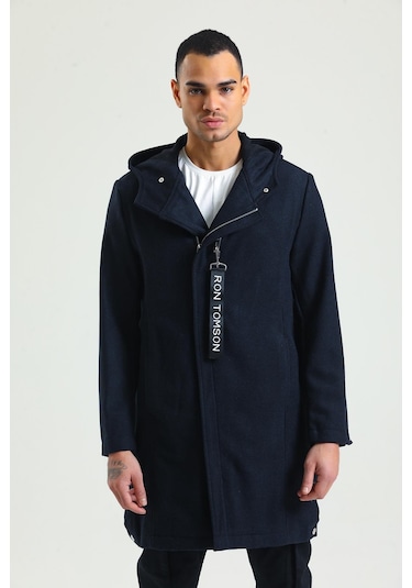 Erkek Regular Fit Kapüşonlu Fermuarlı Cepli Kışlık Astarsız Yünlü Uzun Kaşe Kaban 001