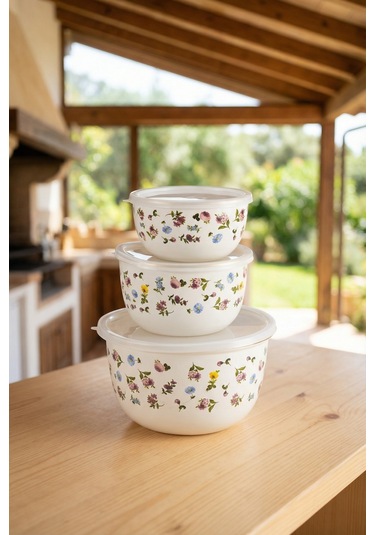 Acar Petit Fleur Emaye 3 Lü Saklama & Karıştırma Kabı Krem