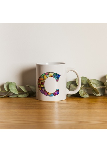 C Harfi Bardak 330 Ml İsme/harfe Özel Hediye, Renkli Harf Tasarım Beyaz