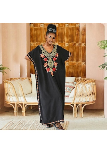 Edolynsa Siyah Vintage İşlemeli Uzun Kaftan Siyah