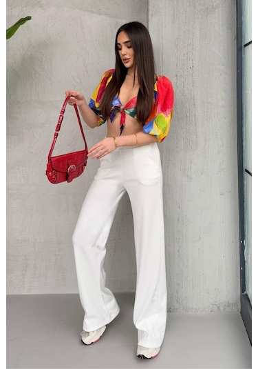 Kadın Ekru Yüksek Bel Bol Paça Kaşkorse Fitilli Cepli Pantolon Eşofman Altı Mtlcb104-ekru Ekru