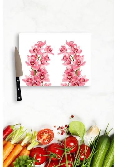 20X30 Cm Pembe Orkide Desenli Cam Kesim Tablası